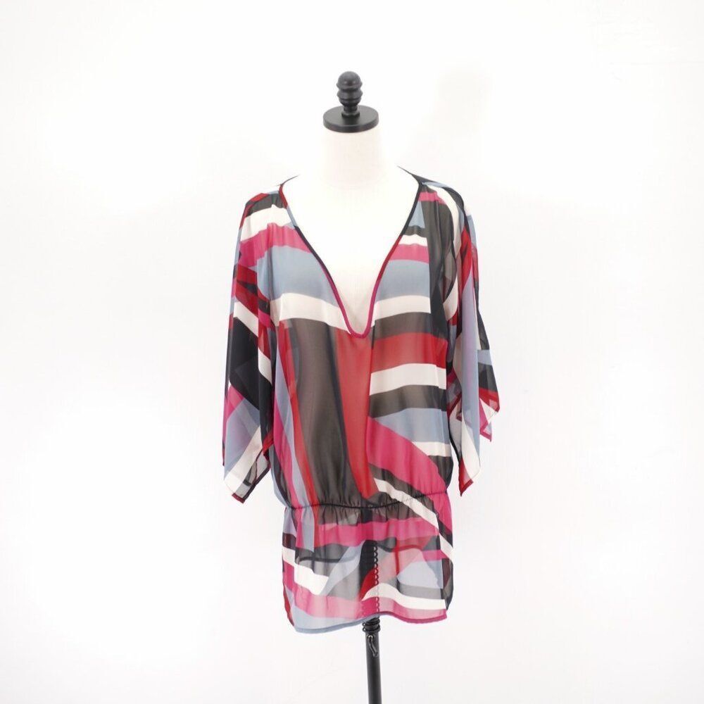 New York & Company Sheer‎ Deep V-Neck Flutter Sleeve Red Gray Large Top / Blouse